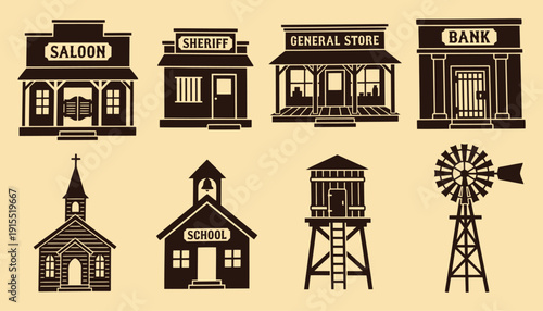 Old Western Town Building Silhouettes Vector Icon Set