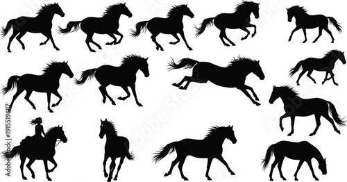 Horse Silhouettes Collection Featuring Running, Galloping and Jumping Horses with Rider, Equestrian Action Set Isolated on White Background