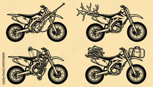 Dirt Bike Hunting Rigs Vector Set - Off-Road Utility Motorcycle Illustrations