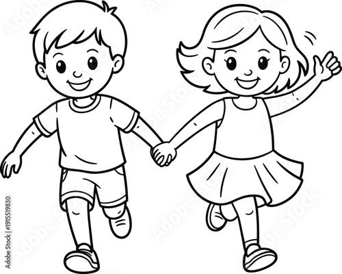 Happy children holding hands vector illustration, cute boy and girl running together, playful friendship line art design