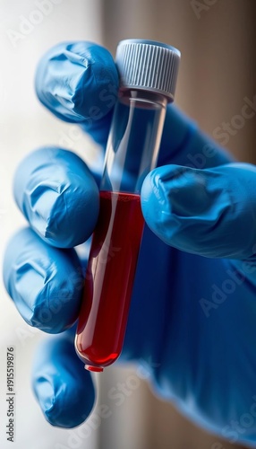 Close-up of blue gloved hand with blood test tube,  clinic,  science