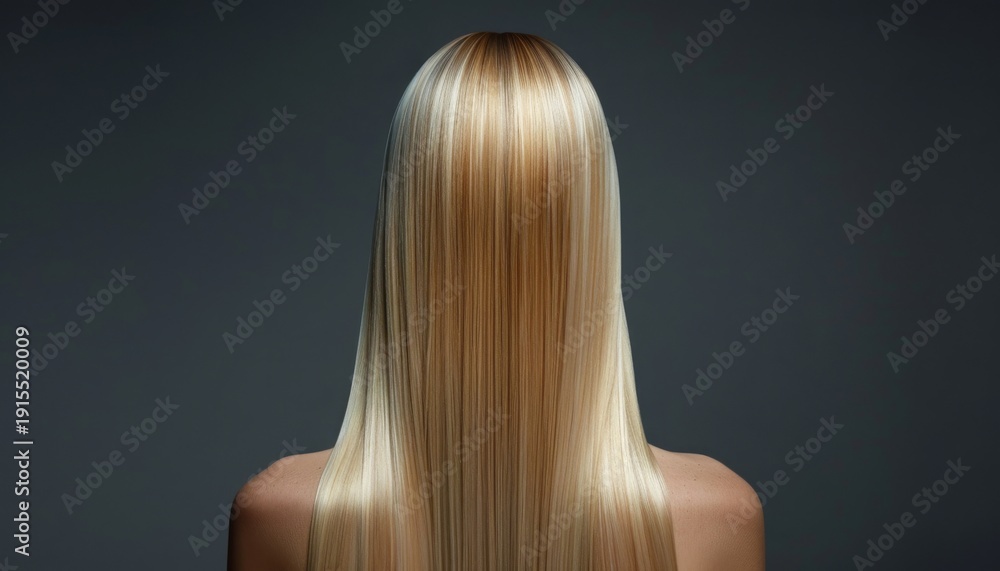 Fototapeta premium Long, straight blonde hair cascading down the back against a dark background showcasing smooth and shiny textures