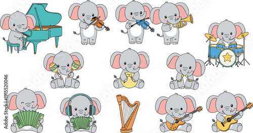 Adorable cartoon elephant musician characters playing various musical instruments including piano, drums, violin, guitar, and harp for children education and nursery orchestra designs