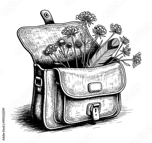 Open Satchel with Wildflowers and Feather Black and White Engraving Style