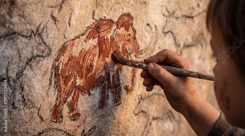 Child Hand Painting Prehistoric Mammoth Cave Art on Textured Rock Wall Close Up