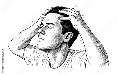 Stressed Man Holding Head in Pain Engraving Style Black and White Vector