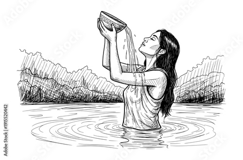 Woman Bathing in River Pouring Water from Bowl Engraving Style Black and White Vector Illustration