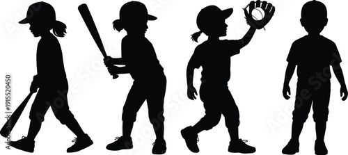 Kids playing baseball silhouette vector set, child batter catcher and player poses, black white sports activity collectionKids playing baseball silhouette vector set, child batter catcher and 