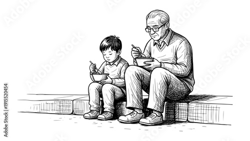 Grandfather and Grandson Eating Together on Curb Engraving Style Vector Illustration