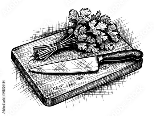 Chef Knife and Cilantro on Cutting Board Black and White Engraving Style