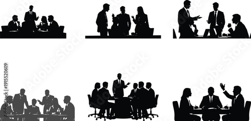 Business meeting silhouette scenes with people interacting and presenting in a conference room setting silhouette