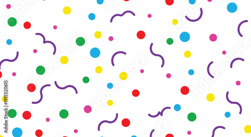 Playful colorful confetti pattern background with dots and curved shapes for party, kids, celebration, and fun design use