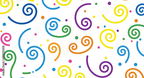 Colorful abstract swirl pattern background with playful spiral shapes and dots for fun, modern, and creative design projects