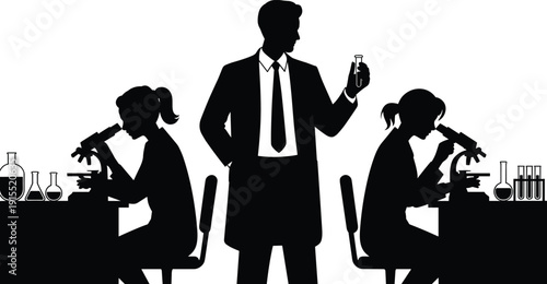 Male scientist supervising two female researchers using microscopes in laboratory, chemical glassware on benches, teamwork, research, education, science concept and innovation