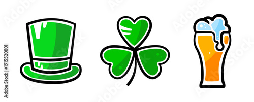 3 St. Patrick's Day, editable icons set. Vector illustration in line style of green hat, clover, beer glass, 