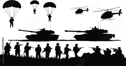 Military action silhouette vector set, soldiers with tanks helicopters and paratroopers, black white combat scene collection