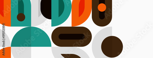 Abstract geometric shapes overlap, creating midcentury modern aesthetic. Colors include orange, teal, brown, white. Composition feels playful, balanced.