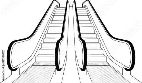 Modern escalator staircase vector illustration, indoor shopping mall transport design, black and white line art perspective