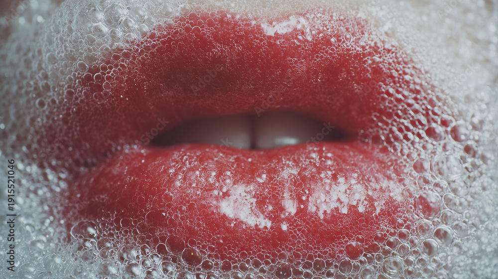 Fototapeta premium Foamy lips macro beauty concept with soap bubbles texture and fresh skincare aesthetic, closeup cleansing purity theme for cosmetic advertising and hygiene design 