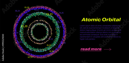Concentric glowing orbital rings formed by multicolored particle dots with numeric labels. Conceptual vector illustration for atomic orbitals, quantum mechanics, electron shells, chemistry physics.