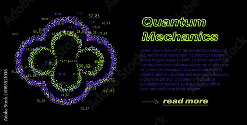Vibrant circular quantum orbits with glowing multicolored data points and coordinates on black background in neon cyber style. Conceptual vector illustration for quantum mechanics, superposition.