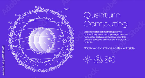 Modern vector illustration of atomic orbitals featuring dotted particle paths, glowing elliptical rings, and overlapping translucent spheres on vibrant violet background. 
