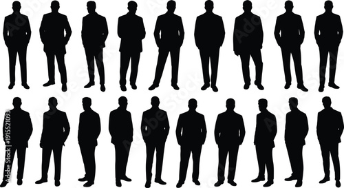 Multiple male silhouettes in business suits standing in varied poses, professional men vector illustration, corporate team portrait, leadership, office, formal attire, executive lineup