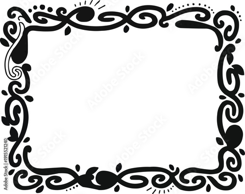 The described features place a black ornate frame against a white background, which is characterized by several elements