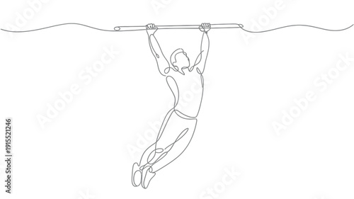 Continuous line drawing of a person hanging from a horizontal bar