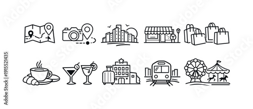Travel and shopping line icon set. Tourism, transportation, and dining outline icons