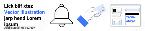 Payment processing, notifications, data visualization, digital tools, online commerce, user interface design. Notification bell, hand with a card and dashboard imagery. Payment processing