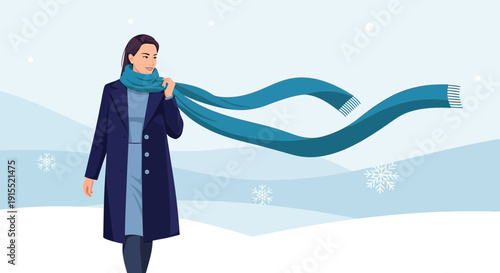 Woman Enjoys Winter Breeze Adjusting Scarf Outdoors