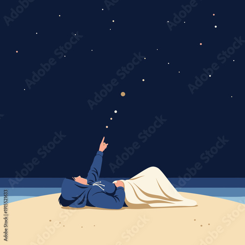 Woman Gazing At Stars Lying On Beach Under Night Sky