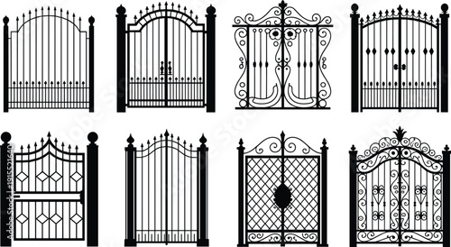 Ornate wrought iron gates and decorative estate entrances, vintage ornamental gate silhouettes, elegant wrought-iron design, security, garden entrance, classical architecture