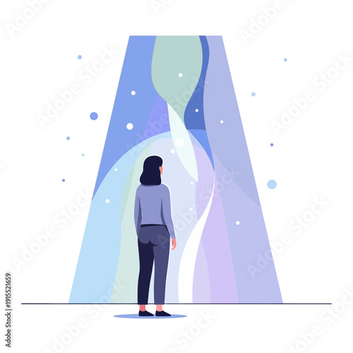 Woman Gazing Into Abstract Digital Art Installation With Ethereal Glow