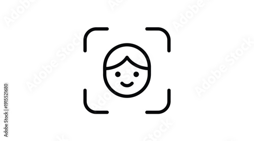 Simple line drawing of a smiling face within a camera viewfinder.