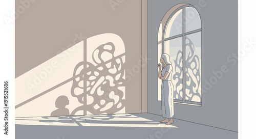 Woman Gazing Out Arched Window At Intriguing Shadow Patterns Evoking Thought And Reflection