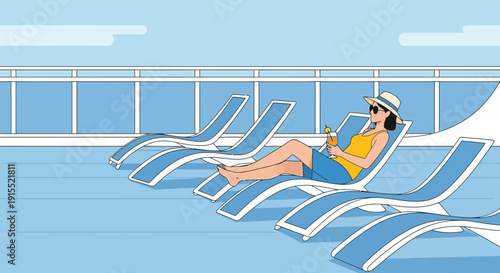 Woman Relaxing On Deck Chair With Drink On Cruise Ship