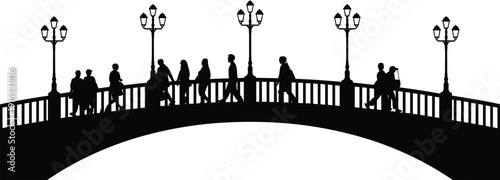 People walking on arched bridge silhouettes vector, city park pedestrians, street lamps, urban skyline illustration