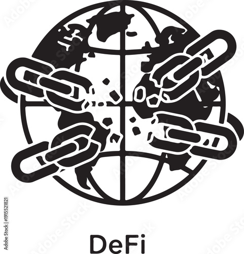 Black and white globe with chain links and De Fi text earth continents d