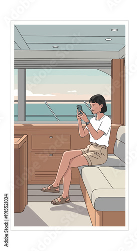 Woman Relaxing On Yacht Using Smartphone With Ocean View