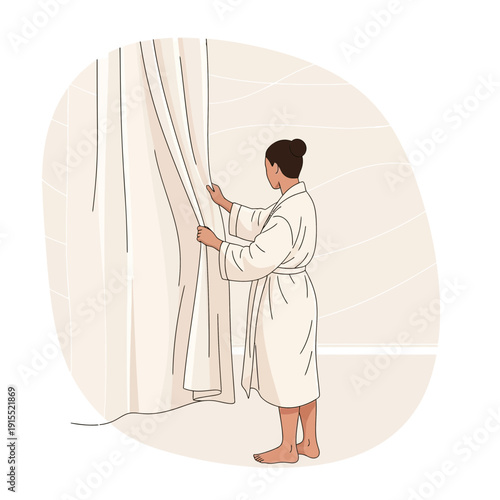 Woman In Bathrobe Adjusting Shower Curtain With Gentle Hand Motions
