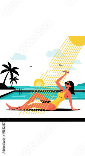 Woman Relaxing Poolside Under Sunny Summer Rays Enjoying Vacation Lifestyle