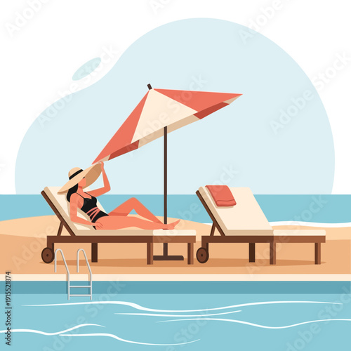 Woman Relaxing Under Beach Umbrella By Pool With Sun Loungers Tropical Paradise