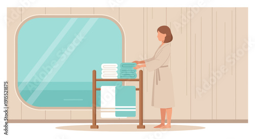 Woman In Robe Arranging Towels On A Wooden Rack In A Minimalist Bathroom