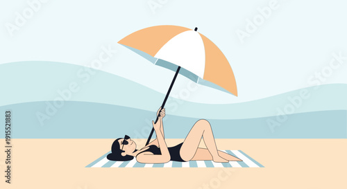 Woman Relaxing Under Beach Umbrella Enjoying Serene Ocean Views