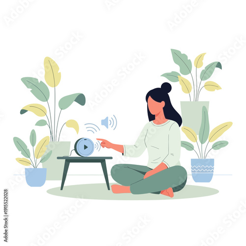 Woman Setting Alarm Clock Amidst Lush Greenery for Morning Routine