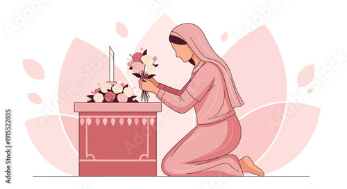 Woman Kneeling Offering Flowers To Memorial Display Peaceful Remembrance