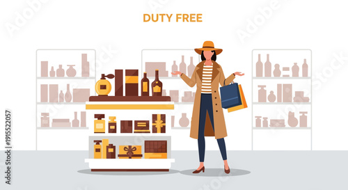 Woman Shopping At Duty Free Store With Many Products