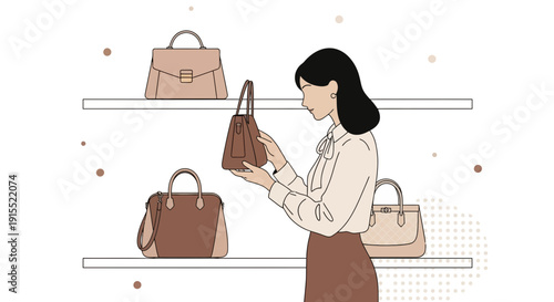 Woman Shopping For Handbags On Store Shelves Minimalist Illustration